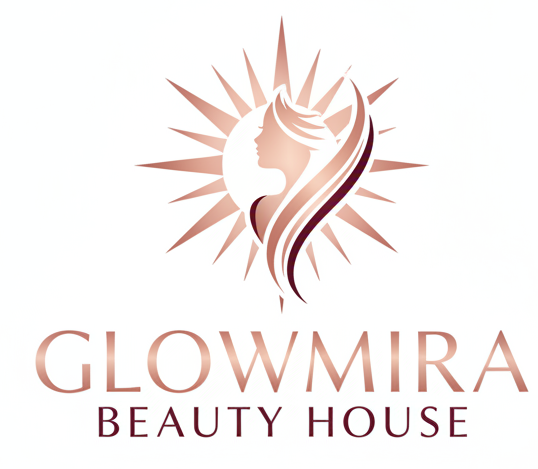 Create a unique logo, white background for Glowmira Beauty House